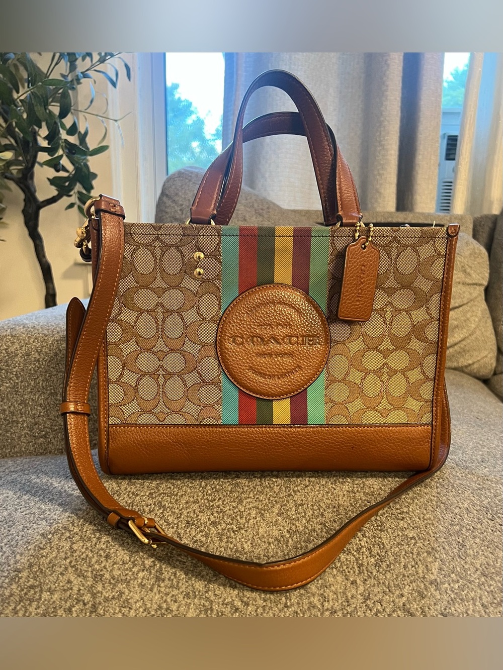 COACH Tan Signature Canvas Stripe Satchel with Multicolor Center Stripe